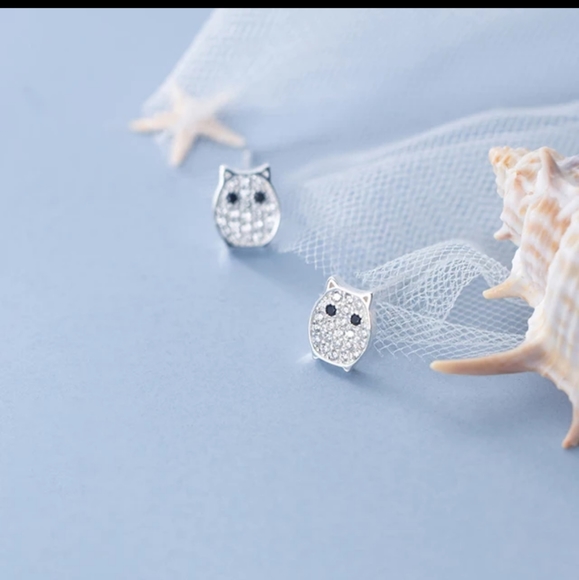 Boutique Jewelry - NEW 925 Sterling Silver Owl Pave Diamond Studs